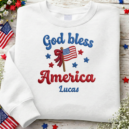 God Bless America - Patriotic USA Flag Sweater Design | Independence Day Embroidered Sweatshirt Graphic