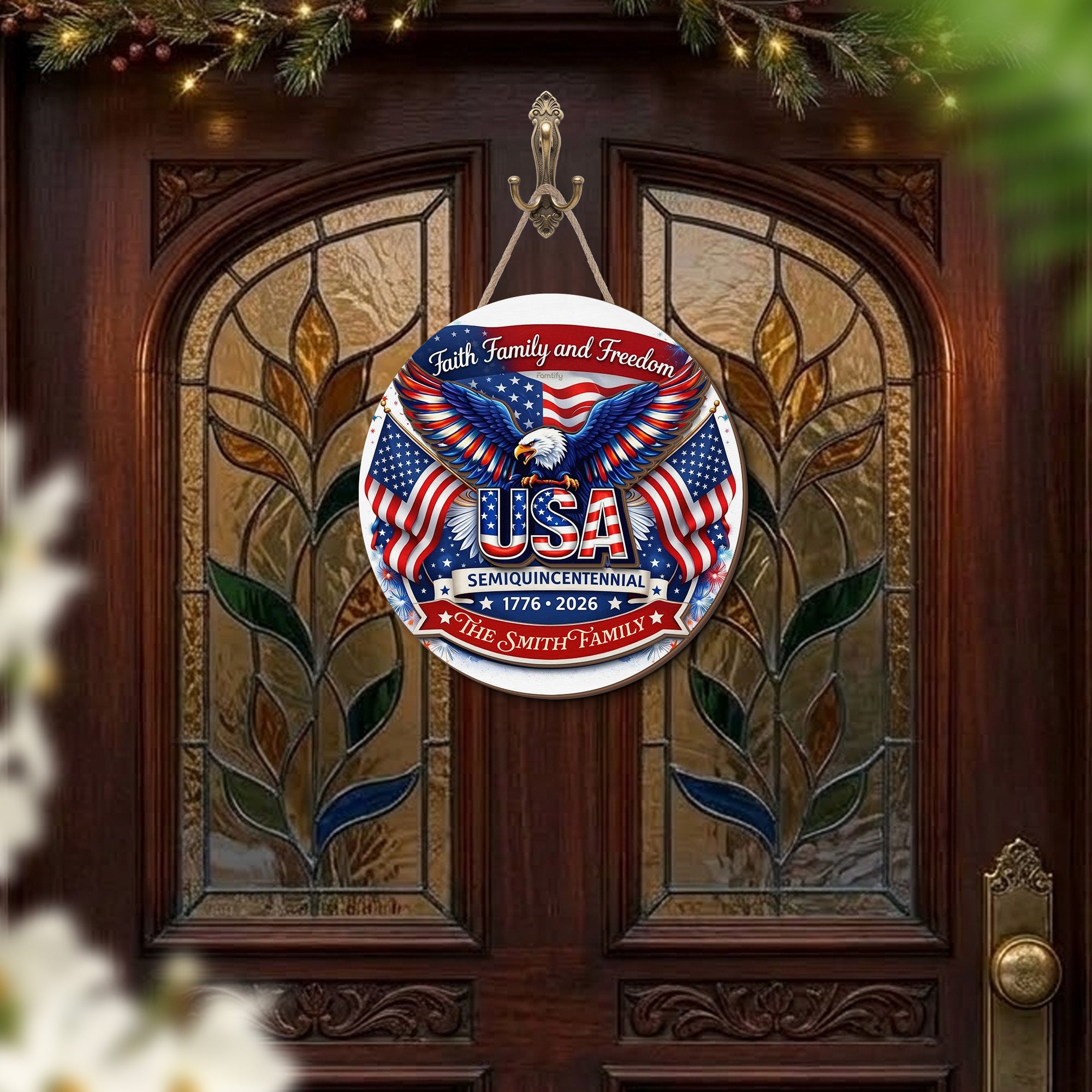 Faith Family and Freedom USA 250th Anniversary Personalized 2-Layer Wood Sign – Custom Family Name Patriotic Door Sign