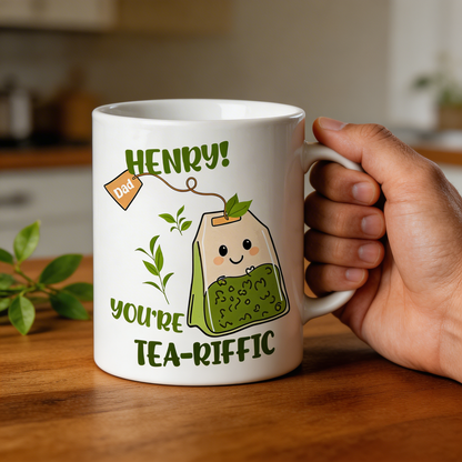 Personalized Tea-riffic Mug for Dad – Custom Name Ceramic Mug, Funny Gift for Father, Birthday Gift Idea