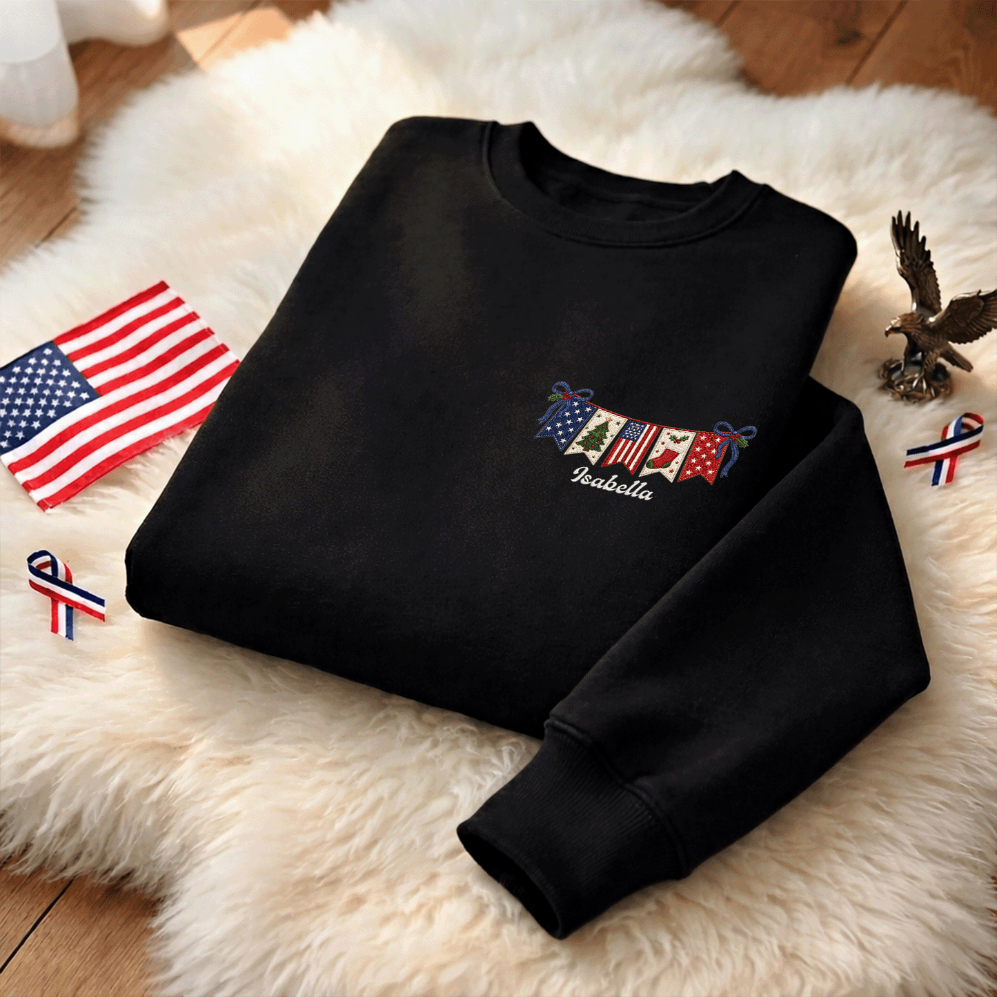 Personalized Christmas American Flag Banner Embroidered Sweatshirt | Custom Name Holiday Crewneck Gift