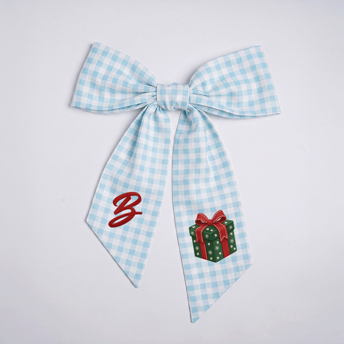 Custom Letter Red Bow Green Gift Box Embroidered Linen Wreath Sash, Personalized Monogram Holiday Bow Sash for Door Decor