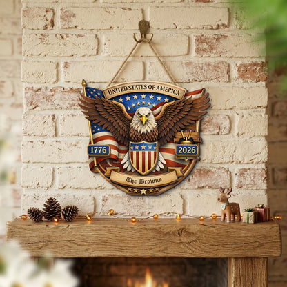 Personalized USA 250th Anniversary 2-Layer Wood Sign – Patriotic Eagle Emblem 1776–2026 Custom Family Name Door Decor