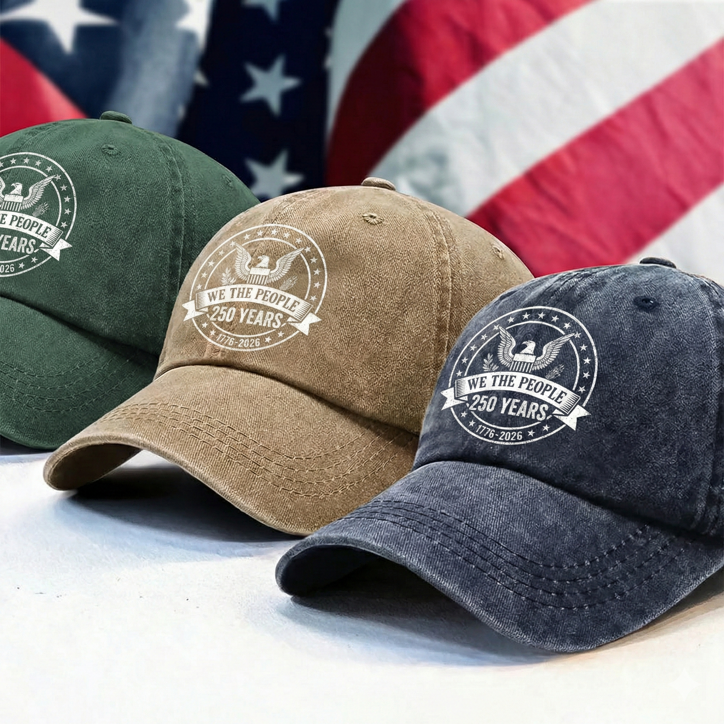 We The People 250 Years Eagle Washed Denim Baseball Cap – Custom Name Patriotic USA 1776-2026 Anniversary Hat