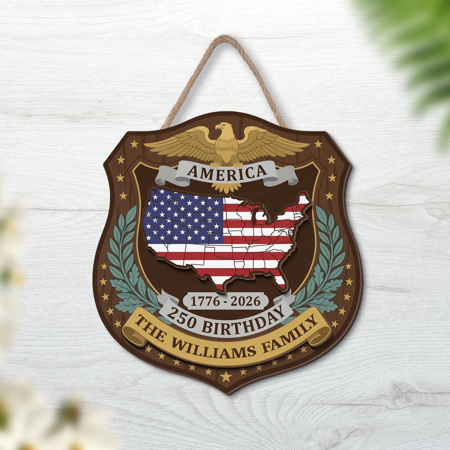 Personalized America 250th Birthday 1776-2026 2-Layer Wood Sign – Custom Family Name Patriotic Door Sign