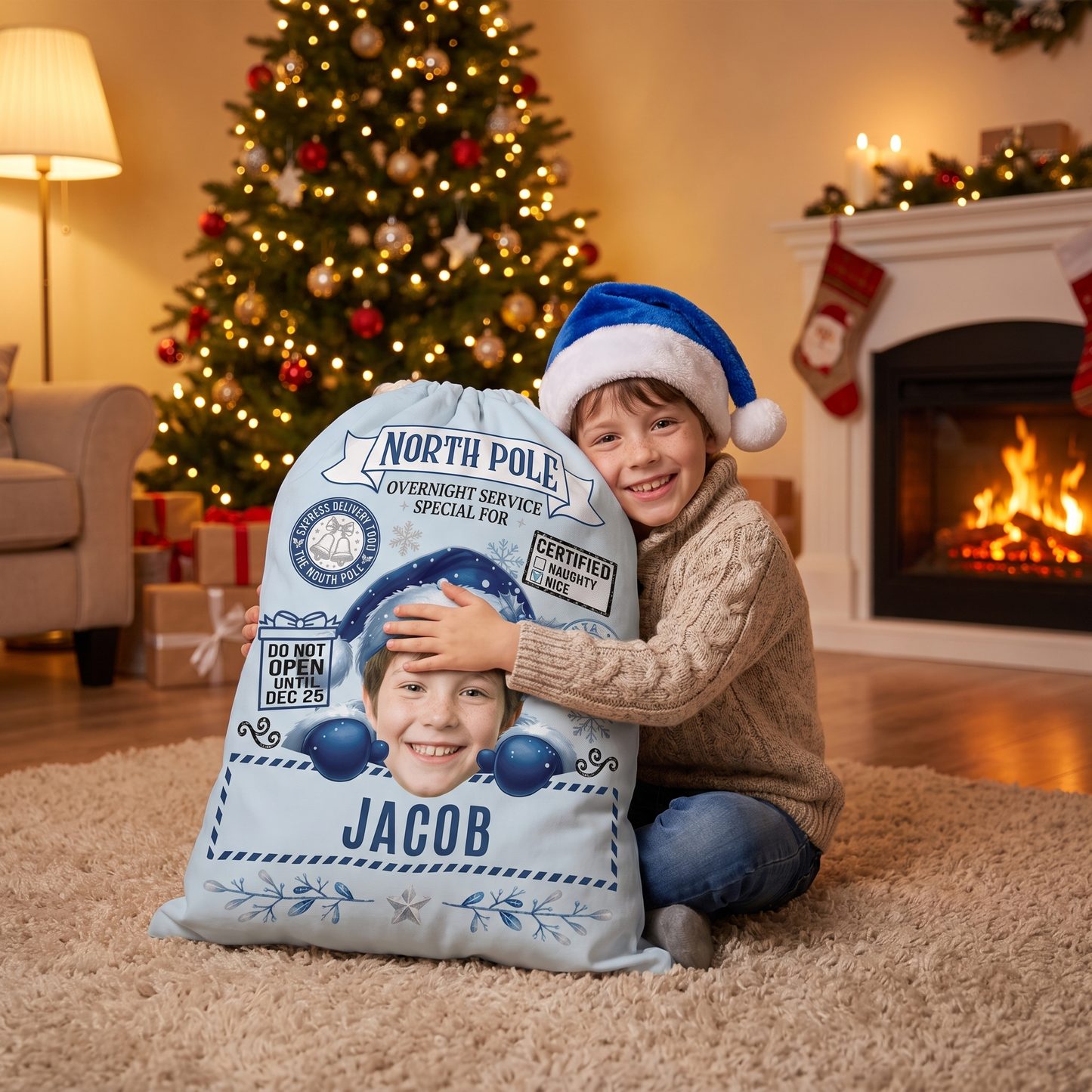 Personalized Overnight Service Special for Christmas Sack, Custom Name Santa Gift Bag