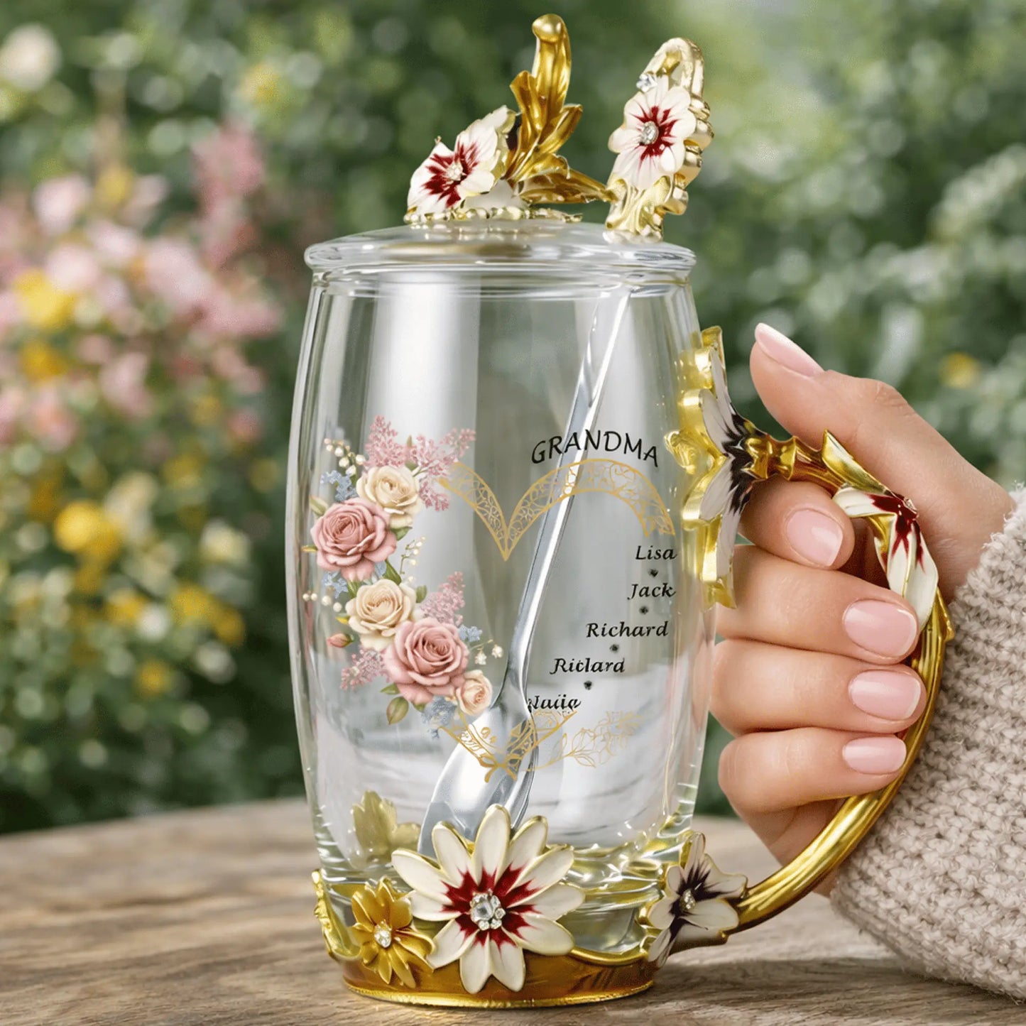 Grandma Floral Tea Cup with Kids’ Names – Personalized Enamel Flower Mug Mother’s Day Gift for Grandma