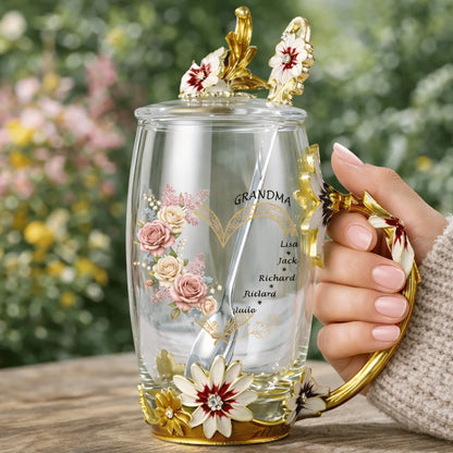 Grandma Floral Tea Cup with Kids’ Names – Personalized Enamel Flower Mug Mother’s Day Gift for Grandma