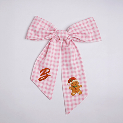 Custom Letter Gingerbread Man Gingham Embroidered Linen Wreath Sash, Personalized Monogram Holiday Bow Sash for Door Decor