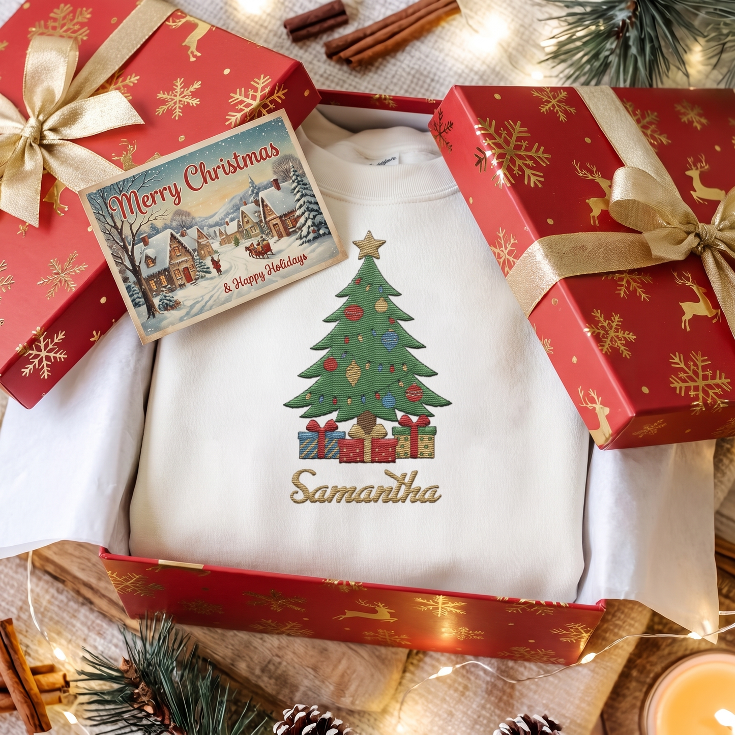 Personalized Embroidered Christmas Tree Sweatshirt with Custom Name