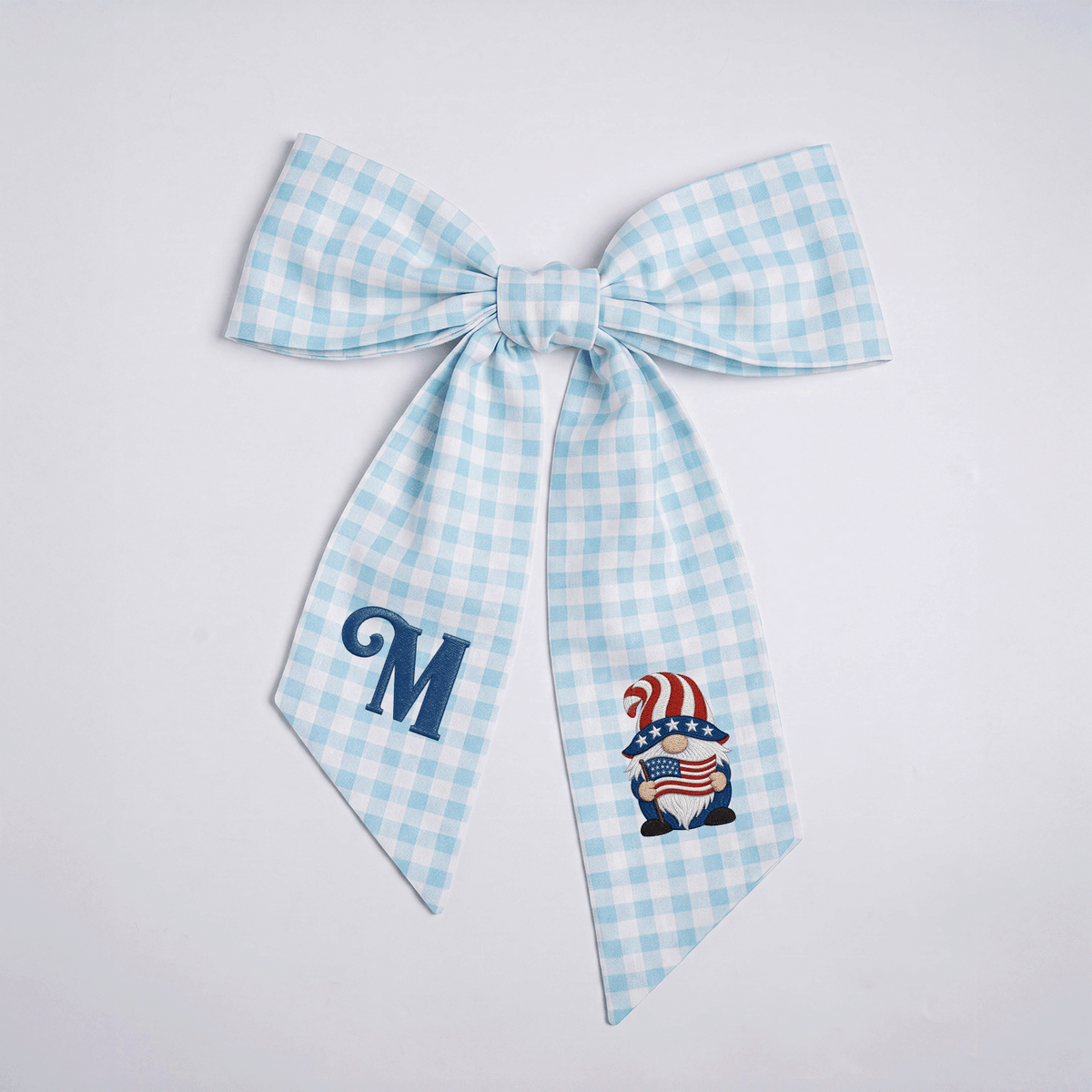 Custom Letter Patriotic Gnome American Flag Embroidered Linen Wreath Sash, Personalized Monogram 4th of July Bow Sash for Door Decor