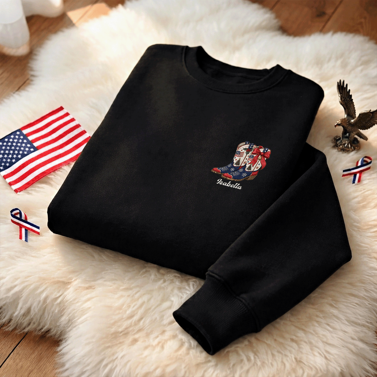 Personalized Patriotic Christmas Cowboy Boots Embroidered Sweatshirt | Custom Name Holiday Crewneck Gift