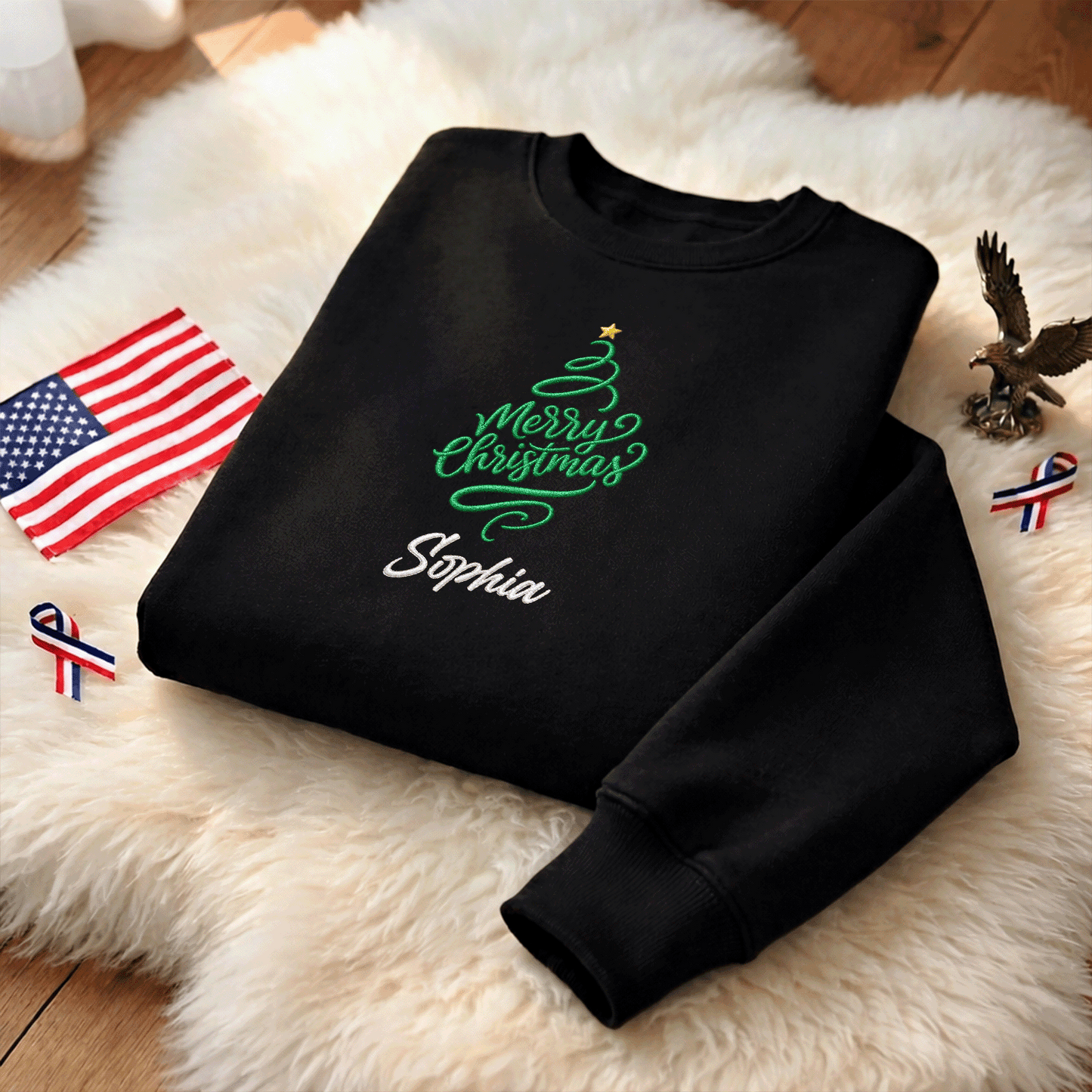 Personalized Embroidered Merry Christmas Tree Sweatshirt with Custom Name