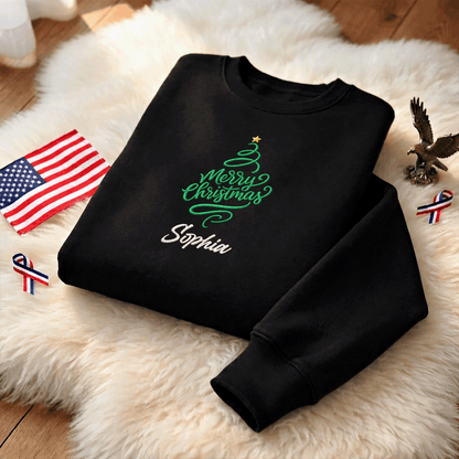 Personalized Embroidered Merry Christmas Tree Sweatshirt with Custom Name