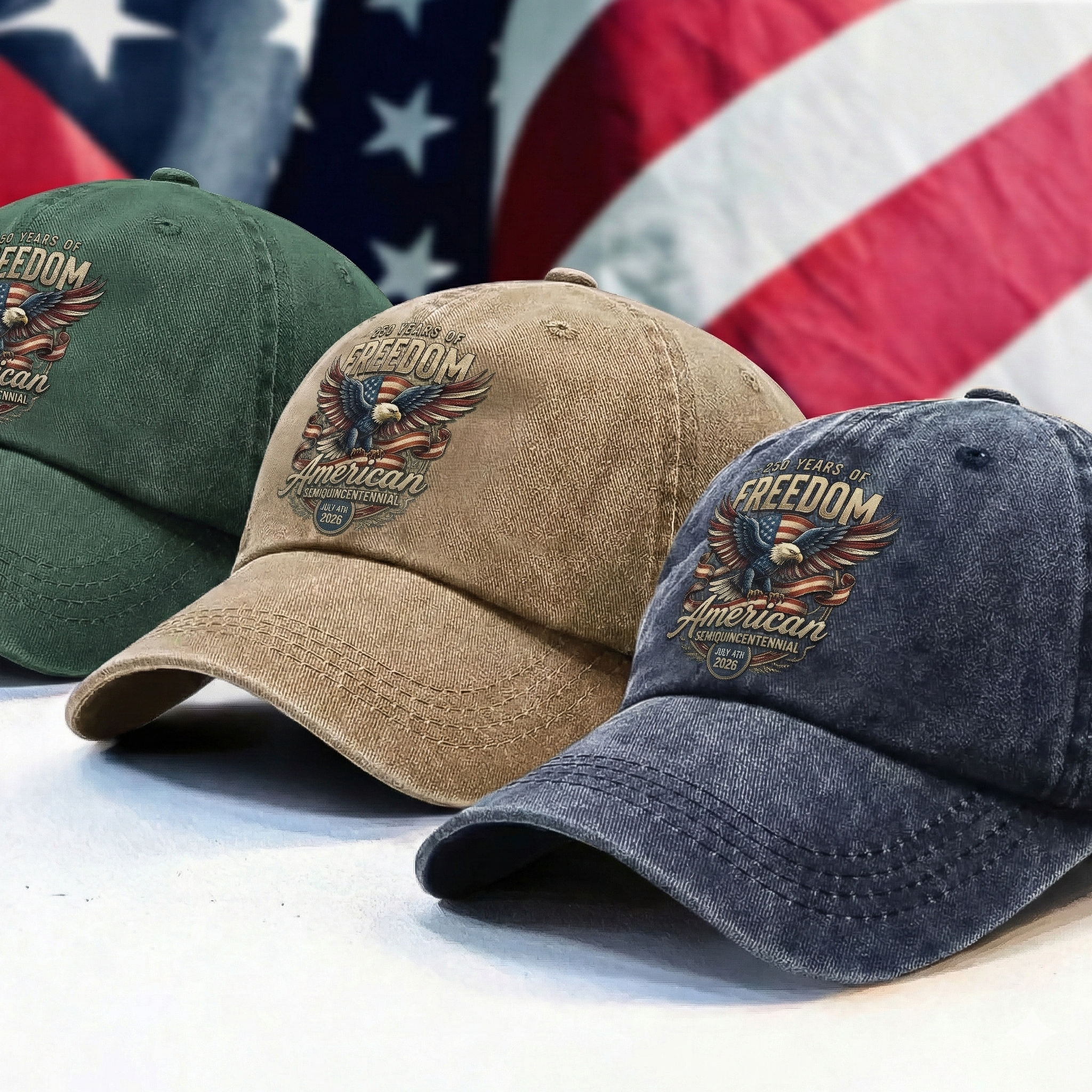 250 Years of Freedom American Eagle Washed Denim Baseball Cap – Custom Name Patriotic USA Hat 1776-2026