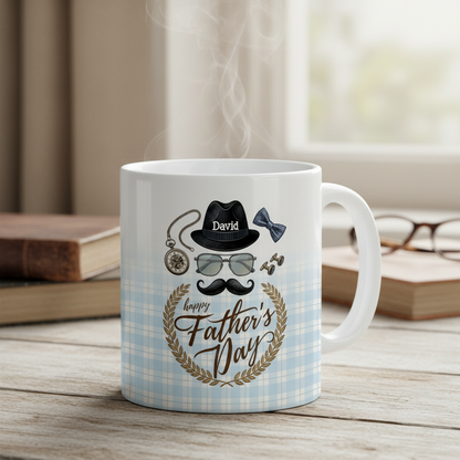 Personalized Happy Father’s Day Mug – Custom Name Ceramic Coffee Cup, Vintage Style Gift for Dad