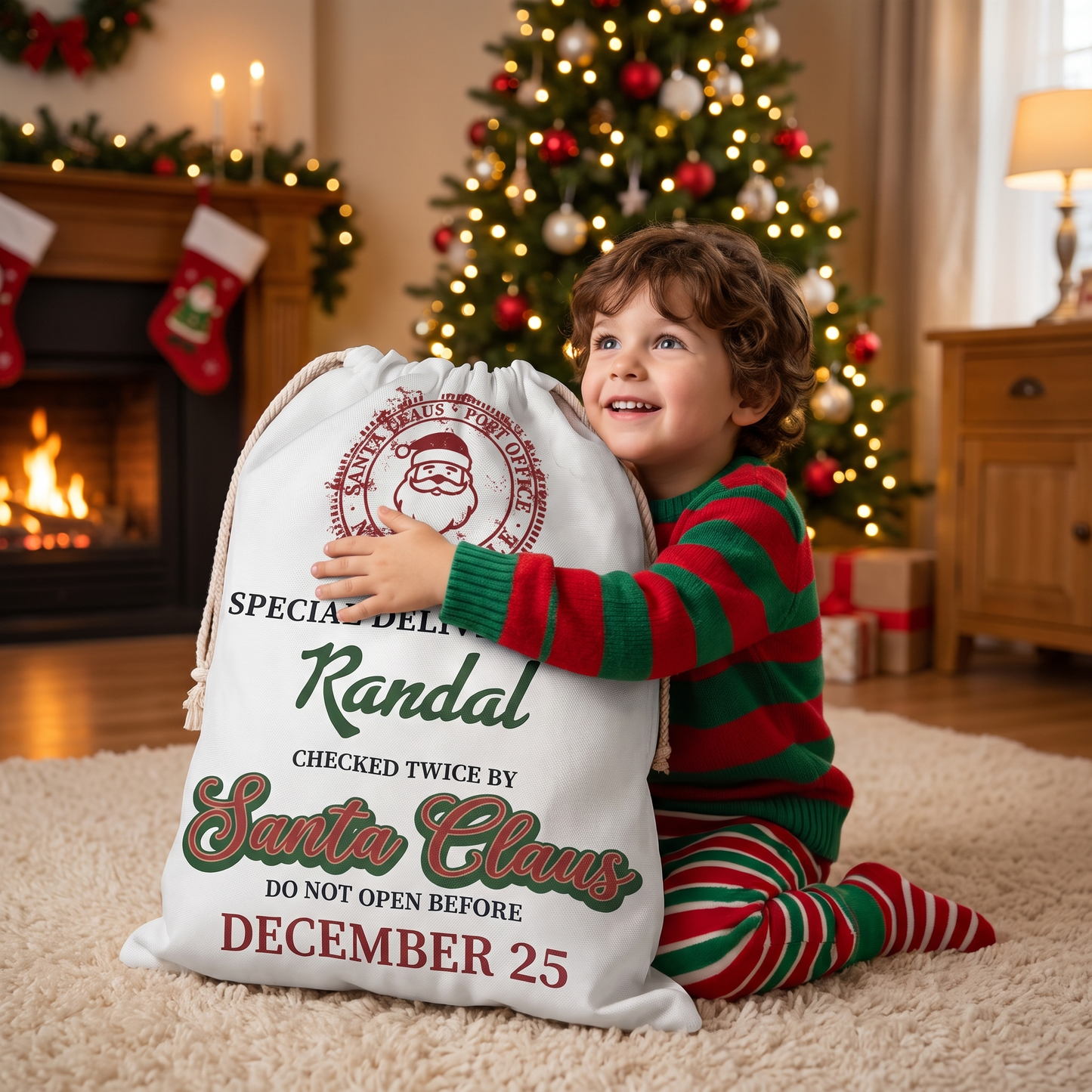 Personalized Special Delivery Checked Twice by Santa Claus Christmas Sack with Custom Name