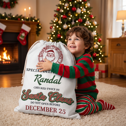 Personalized Special Delivery Checked Twice by Santa Claus Christmas Sack with Custom Name