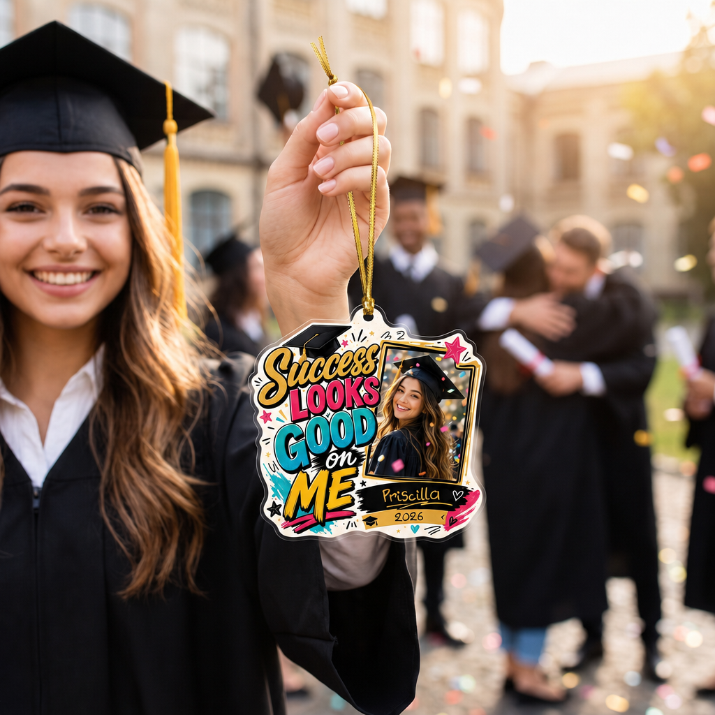 Success Looks Good on Me Custom Photo Acrylic Ornament, Personalized Graduation Gift with Name