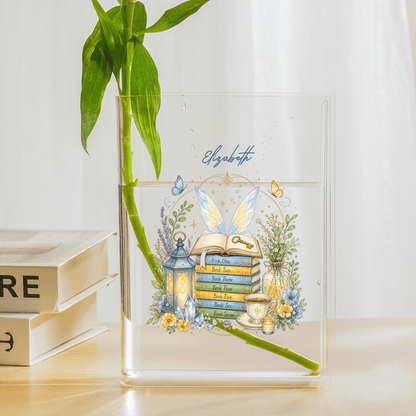 Personalized Book Stack Acrylic Book Vase, Custom Name Reading Flower Vase