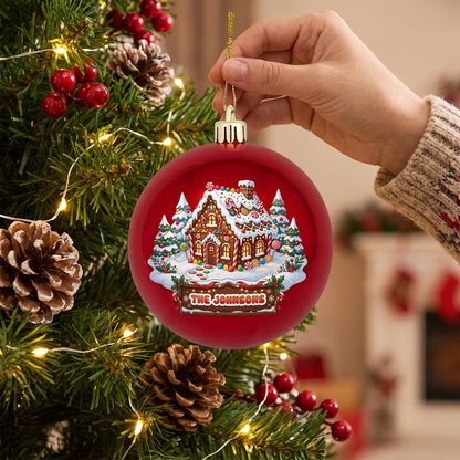 Personalized Family Name Gingerbread House Red Christmas Ball Ornament, Custom Full Color Shatterproof Plastic Bauble