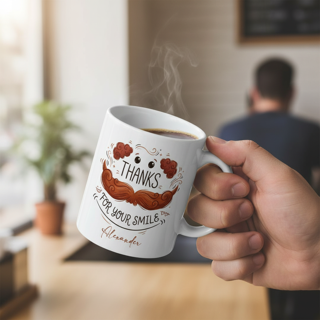 Custom Name Dad Mug – Thanks for Your Smile Funny Mustache Coffee Cup, Personalized Gift for Father