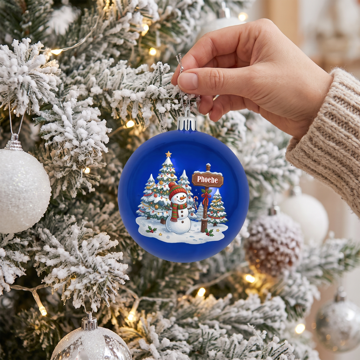 Personalized Name Snowman Winter Scene Blue Christmas Ball Ornament, Custom Full Color Shatterproof Plastic Bauble