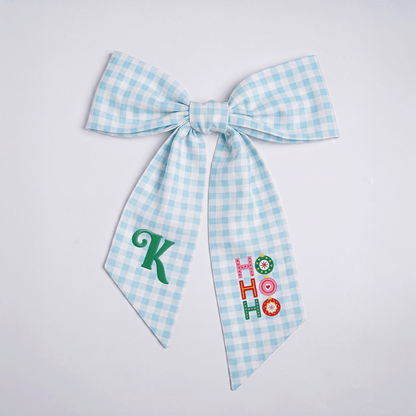 Custom Letter Christmas Ho Ho Ho Embroidered Linen Wreath Sash, Personalized Monogram Festive Ornament Bow Sash for Front Door Decor