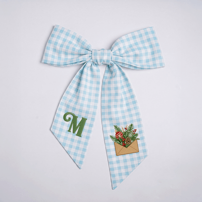 Custom Letter Christmas Envelope Embroidered Linen Wreath Sash, Personalized Monogram Holiday Bow Sash for Front Door Decor