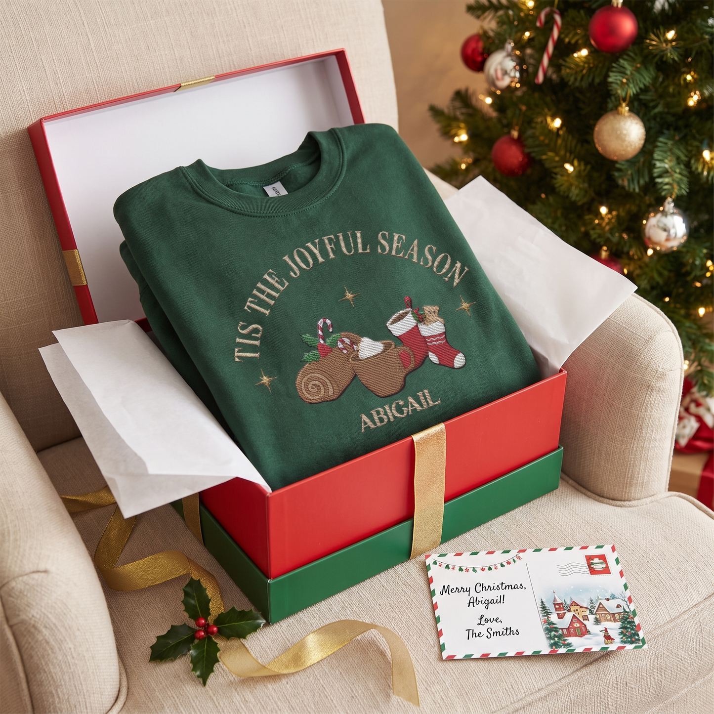 Personalized Joyful Season Embroidered Sweatshirt | Custom Name Christmas Holiday Crewneck Gift