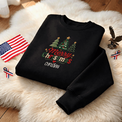 Personalized Embroidered Cute Three Christmas Trees Sweatshirt with Custom Name