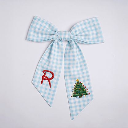 Custom Monogram Pencil Christmas Tree Embroidered Linen Door Wreath Sash, Personalized Initial Teacher School Pencil Tree Lights Holiday Wreath Sash & Front Door Decor