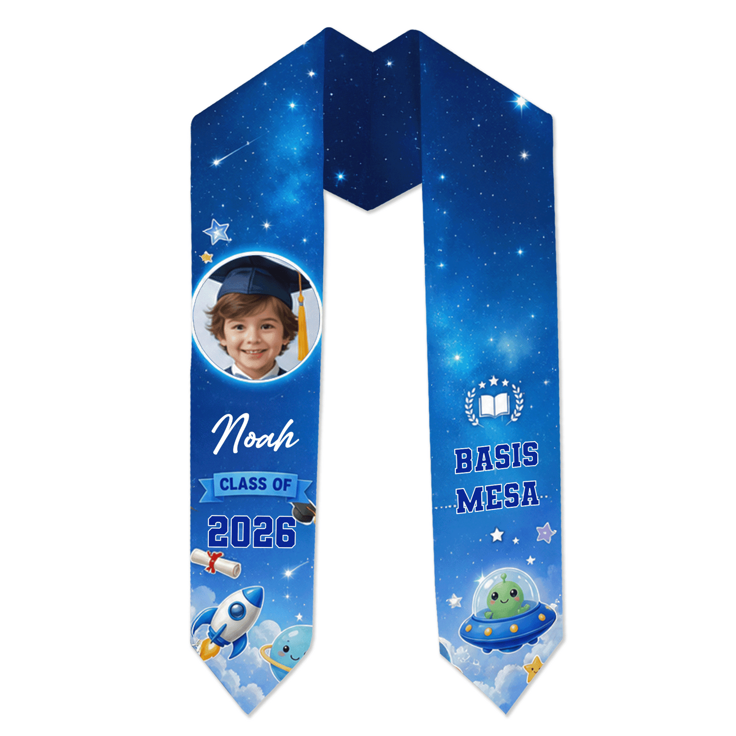 Personalized Blue Rocket Kid Graduation Stole – Custom Name