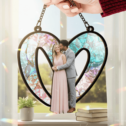 Two Hearts, One Love – Romantic Photo Gift for Couples – Personalized Heart Couple Photo 2-Layer Stained Glass Suncatcher