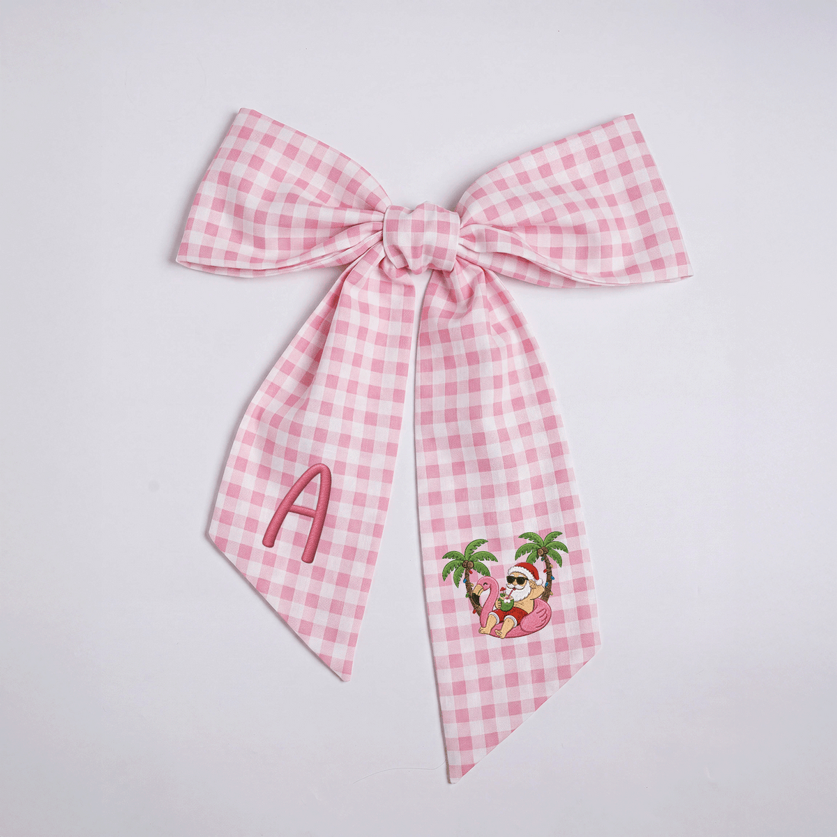 Custom Monogram Tropical Santa Gingham Wreath Bow, Personalized Initial Beach Flamingo Santa Christmas Wreath Sash & Front Door Decor
