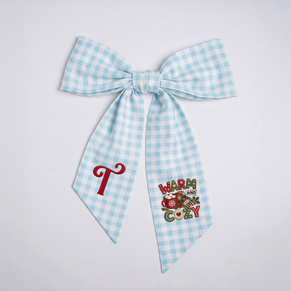 Custom Letter Warm and Cozy Embroidered Linen Wreath Sash, Personalized Monogram Christmas Winter Bow Sash for Front Door Decor