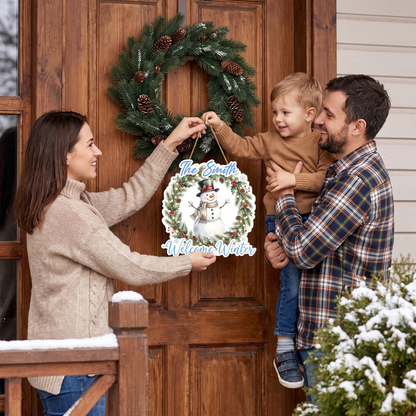 Personalized Snowman Wreath Custom Shape Wood Sign, Custom Family Name Welcome Winter Pine Wreath Wooden Hanging Plaque, Festive Holiday Door & Wall Decor Family Gift