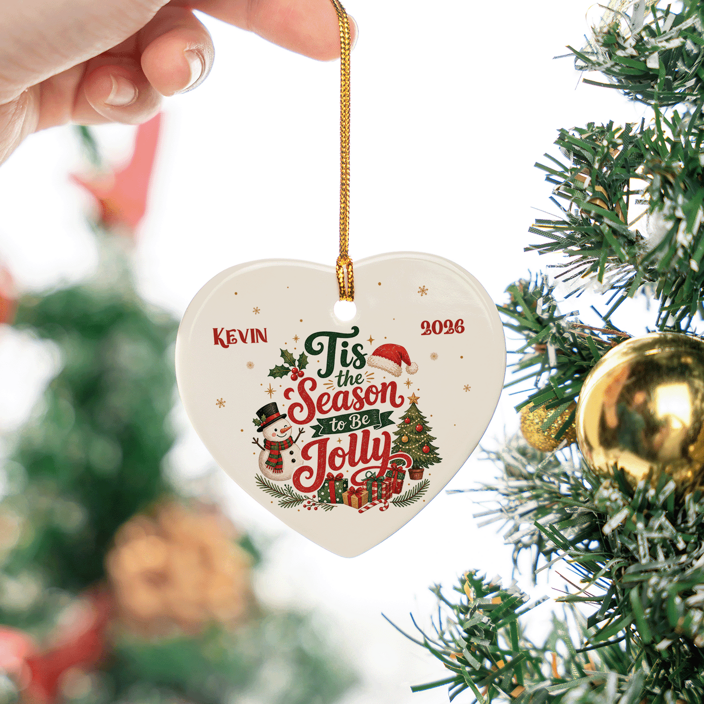 Personalized Tis the Season to Be Jolly Heart Ceramic Ornament, Custom Name Christmas Gift