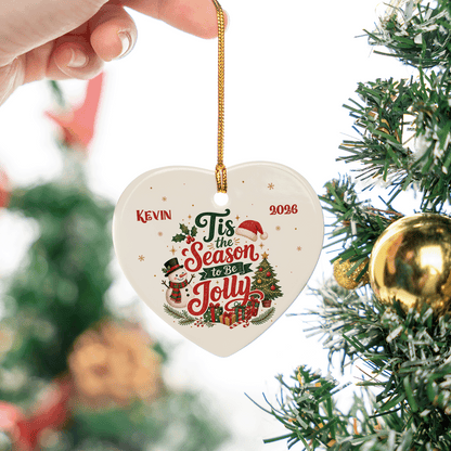 Personalized Tis the Season to Be Jolly Heart Ceramic Ornament, Custom Name Christmas Gift