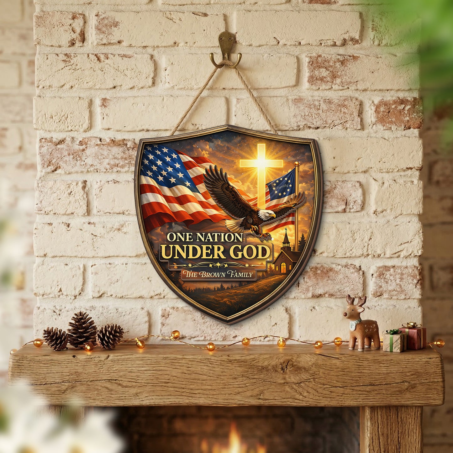 One Nation Under God USA 250th Anniversary Personalized 2-Layer Wood Sign – Custom Family Name Patriotic Door Sign