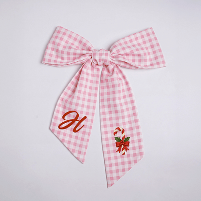 Custom Letter Candy Cane Embroidered Linen Wreath Sash, Personalized Monogram Holiday Bow Sash for Door Decor