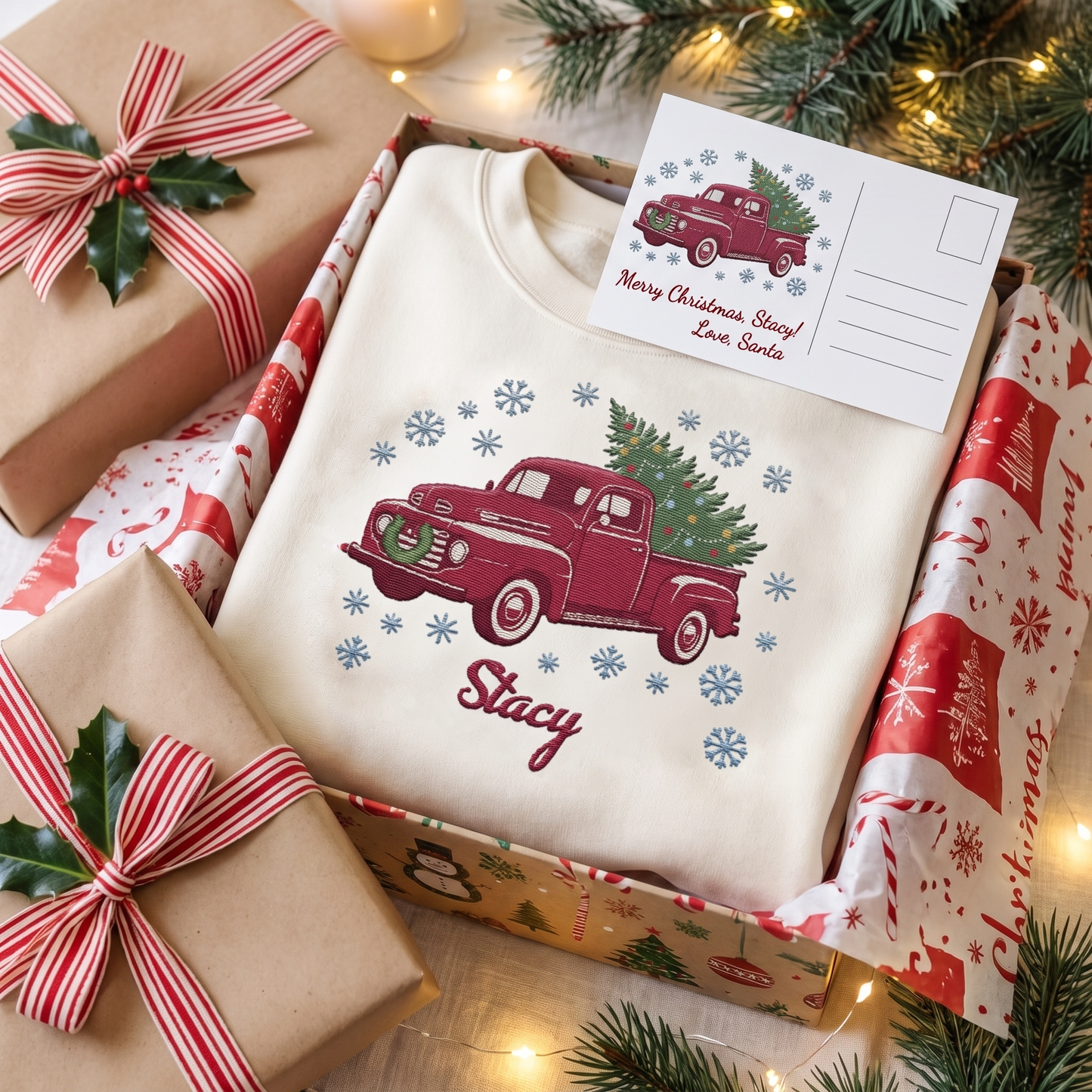 Personalized Embroidered Vintage Christmas Truck Sweatshirt with Custom Name