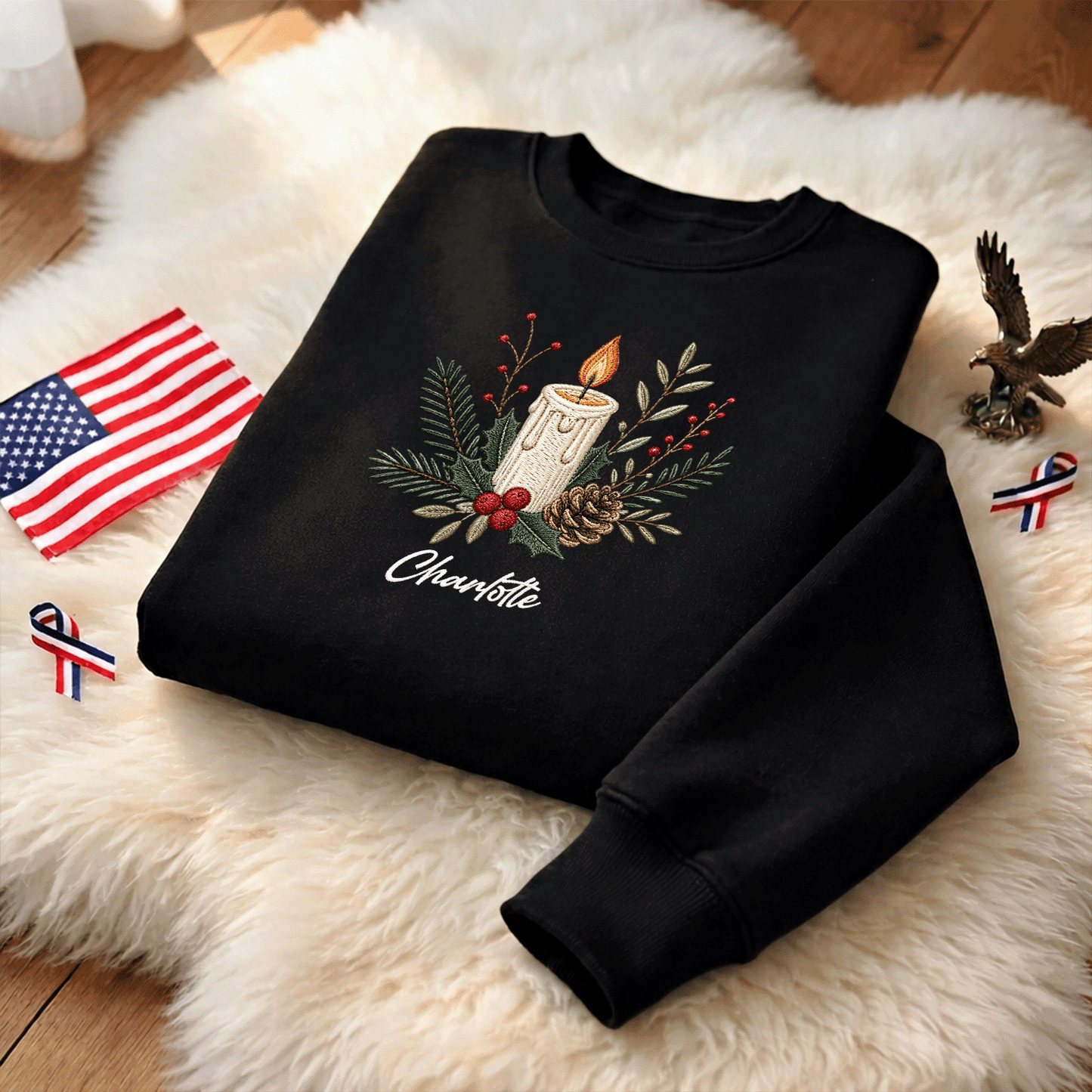 Personalized Embroidered Christmas Candle Sweatshirt with Custom Name