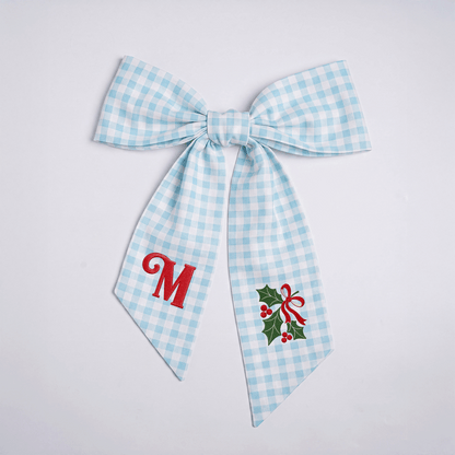 Custom Letter Christmas Holly Berry Embroidered Linen Wreath Sash, Personalized Monogram Holiday Bow Sash for Front Door Decor