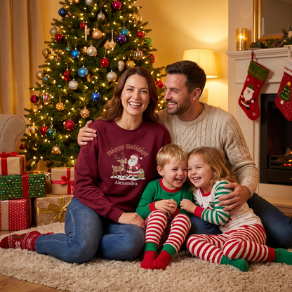 Personalized Santa & Reindeer Christmas Sweatshirt with Custom Name | Cozy Holiday Crewneck Gift