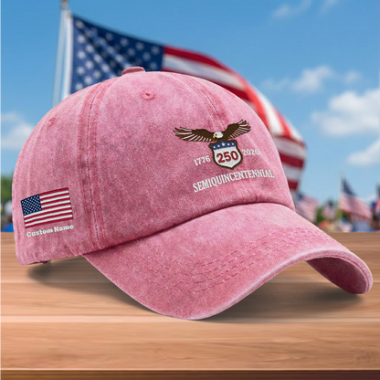 USA 250th Semiquincentennial 1776-2026 Eagle Embroidered Washed Denim Baseball Cap – Custom Name Patriotic Anniversary Hat