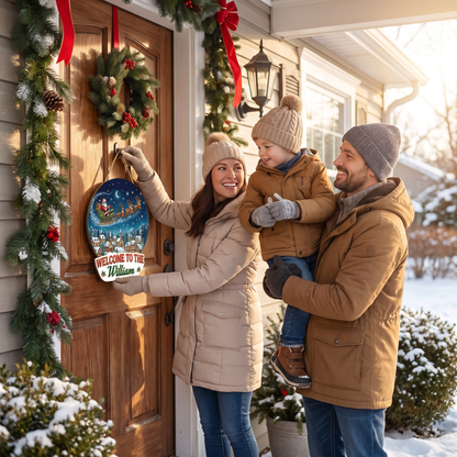 Personalized Santa Flying Sleigh Custom Shape Wood Sign, Custom Family Name Welcome To The Winter Village Wooden Hanging Plaque, Festive Christmas Door & Wall Decor Family Gift