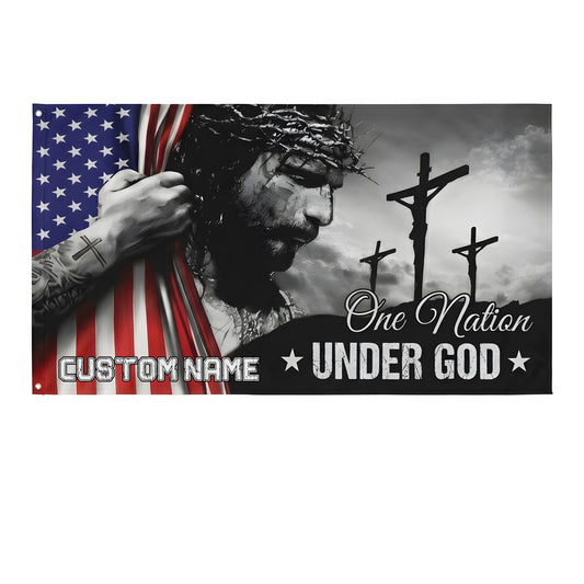One Nation Under God With Family Name - Personalized Banner House Flag