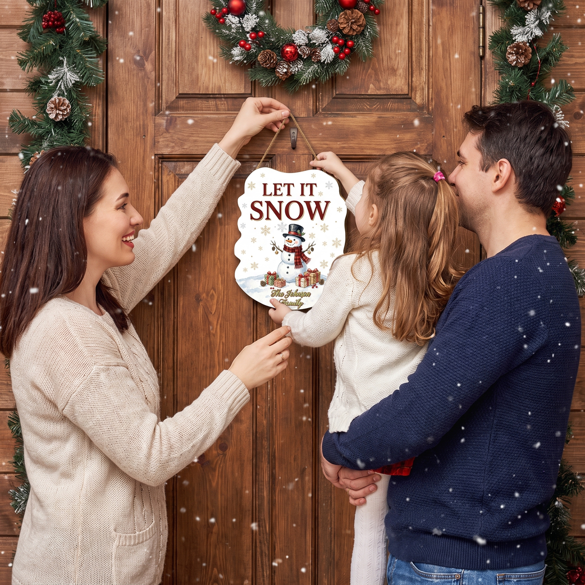 Personalized Snowman Custom Shape Wood Sign, Custom Family Name Let It Snow Winter Wooden Hanging Plaque, Festive Holiday Door & Wall Decor Family Gift