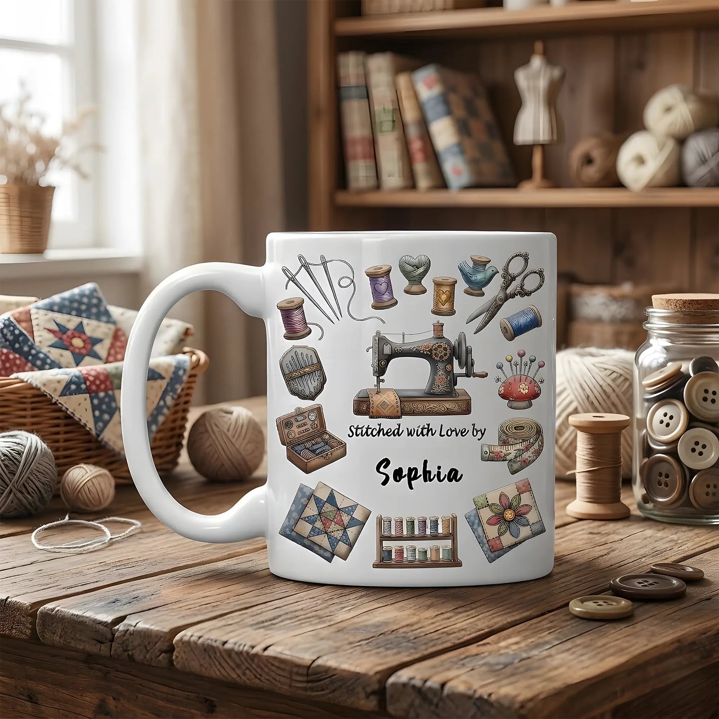 Sewing Love & Thread Design – Personalized Sewing Mom Mug – Mother’s Day Gift for Mom – Custom Name Quilter Mug