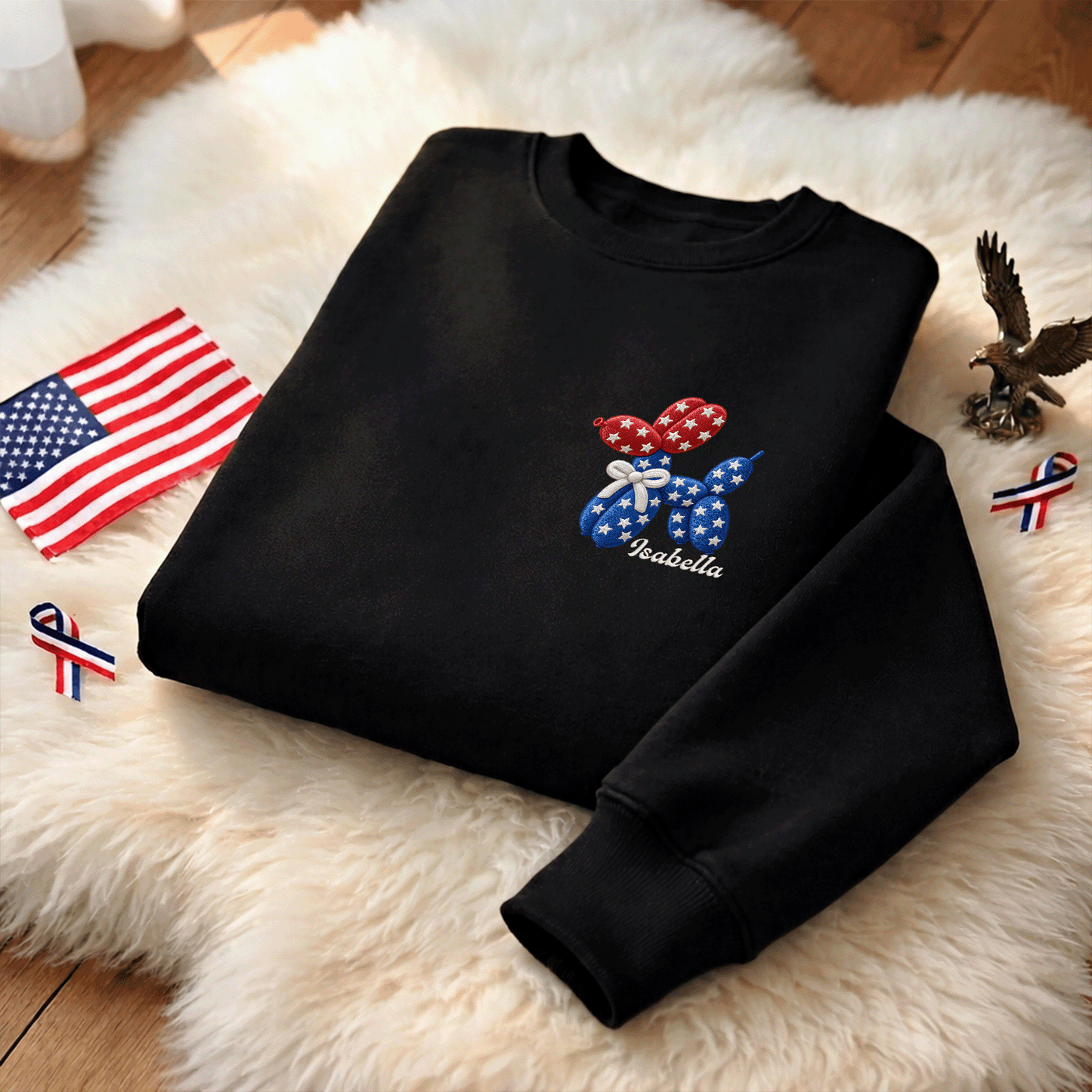 Personalized Patriotic Balloon Dog Embroidered Sweatshirt | Custom Name American Flag Crewneck Gift